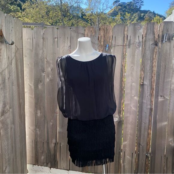 Aidan By Aidan Mattox Fringe Detail Chiffon Blouson Dress in black size 2 - Picture 8 of 15